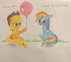 Size: 2048x1786 | Tagged: safe, artist:blackwo96777748, imported from derpibooru, applejack, rainbow dash, appledash, balloon, blushing, female, lesbian, party balloon, shipping, traditional art