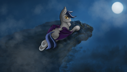 Size: 1920x1080 | Tagged: safe, artist:lloyd190, imported from derpibooru, bat pony, pony, 2016, cliff, fog, full moon, lying down, male, moon, night