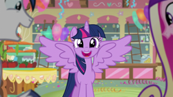 Size: 1280x720 | Tagged: safe, imported from derpibooru, screencap, princess cadance, shining armor, twilight sparkle, alicorn, pony, unicorn, season 5, the one where pinkie pie knows, cute, cutedance, female, male, mare, open mouth, shining adorable, smiling, spread wings, stallion, sugarcube corner, twiabetes, twilight sparkle (alicorn), wings