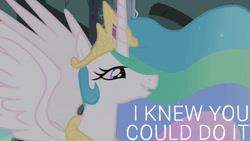 Size: 1280x720 | Tagged: safe, edit, edited screencap, editor:quoterific, imported from derpibooru, screencap, princess celestia, alicorn, pony, friendship is magic, season 1, crown, female, jewelry, mare, regalia, smiling, solo, spread wings, wings