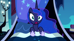 Size: 1280x720 | Tagged: safe, imported from derpibooru, screencap, princess luna, alicorn, pony, do princesses dream of magic sheep, season 5, bed, exploitable meme, female, luna's nightmare, mare, meme, open mouth, solo, sweat