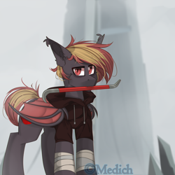 Size: 3000x3000 | Tagged: safe, artist:mediasmile666, imported from derpibooru, oc, oc only, bat pony, pony, bandage, bar, bat pony oc, bat wings, clothes, female, half-life, half-life 2, high res, hoodie, mare, mouth hold, red eyes, slit eyes, slit pupils, solo, standing, wings