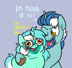 Size: 946x892 | Tagged: safe, artist:paperbagpony, imported from derpibooru, lyra heartstrings, oc, pony, unicorn, beard, double chin, facial hair, faic, father and child, father and daughter, female, hug, l.u.l.s., lard-ra heartstrings, male, mare, purple background, simple background, stallion