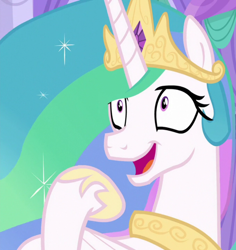 Size: 1018x1080 | Tagged: safe, imported from derpibooru, screencap, princess celestia, alicorn, pony, between dark and dawn, season 9, spoiler:s09, cropped, crown, faic, female, gasp, jewelry, mare, open mouth, open smile, regalia, smiling, solo, wide eyes