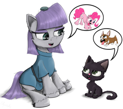 Size: 2200x1948 | Tagged: safe, artist:chopsticks, imported from derpibooru, boulder (pet), maud pie, pinkie pie, cat, dog, earth pony, pony, behaving like a dog, boulder (g4), cheek fluff, chest fluff, clothes, crossover, cute, dress, duo, duo female, ear fluff, female, females only, high res, ingrid nilson, jade catkin, littlest pet shop, littlest pet shop a world of our own, looking at each other, roxie mcterrier, speech bubble, tail wag, unshorn fetlocks
