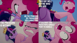 Size: 1280x720 | Tagged: safe, edit, edited screencap, editor:quoterific, imported from derpibooru, screencap, pinkie pie, twilight sparkle, alicorn, earth pony, pony, my little pony: the movie, boop, crown, faic, female, jewelry, mare, nose to nose, noseboop, not helping, open mouth, pinkie pie is best facemaker, pointing, regalia, teeth, twilight sparkle (alicorn), wide eyes