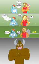 Size: 3061x4950 | Tagged: safe, artist:matchstickman, imported from derpibooru, applejack, fluttershy, rainbow dash, oc, anthro, earth pony, minotaur, pegasus, comic:now i'm a jerk, abs, applejacked, biceps, breasts, busty applejack, busty rainbow dash, clothes, comic, commission, cracking knuckles, deltoids, dialogue, female, glowing eyes, male, mare, muscles, pecs, rainbuff dash, speech bubble