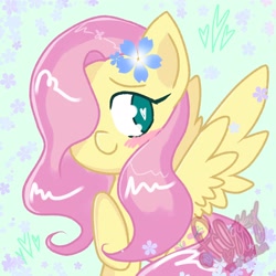 Size: 2048x2048 | Tagged: safe, artist:fr0ggey, imported from derpibooru, fluttershy, pegasus, pony, blushing, cute, daaaaaaaaaaaw, flower, flower in hair, hair over one eye, heart eyes, high res, shyabetes, smiling, solo, spread wings, watermark, wingding eyes, wings