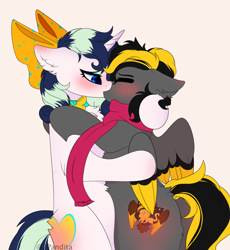 Size: 2646x2874 | Tagged: safe, artist:2pandita, imported from derpibooru, oc, oc only, pegasus, pony, unicorn, bow, clothes, colored wings, female, hair bow, high res, kissing, mare, multicolored wings, scarf, wings