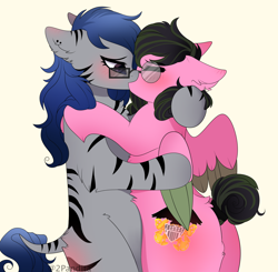 Size: 2664x2616 | Tagged: safe, artist:2pandita, imported from derpibooru, oc, oc only, hybrid, pegasus, pony, zony, female, glasses, high res, kissing, mare, simple background, two toned wings, wings