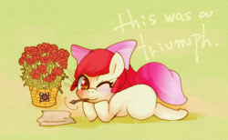 Size: 1000x616 | Tagged: safe, artist:girlieginger, imported from derpibooru, apple bloom, earth pony, pony, adorabloom, bow, companion cube, cute, female, filly, flower, hair bow, heart, heart eyes, looking at you, mouth hold, one eye closed, portal, portal (valve), rose, solo, wingding eyes, wink