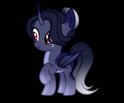 Size: 1080x898 | Tagged: safe, alternate version, artist:sia.brony, imported from derpibooru, oc, oc only, alicorn, bat pony, bat pony alicorn, pony, alicorn oc, bat pony oc, bat wings, black background, female, filly, horn, raised hoof, simple background, smiling, solo, wings