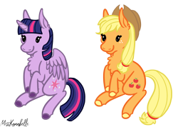 Size: 1220x867 | Tagged: safe, artist:misskanabelle, imported from derpibooru, applejack, twilight sparkle, alicorn, earth pony, pony, chest fluff, colored hooves, commission, duo, female, freckles, hat, horn, mare, signature, simple background, sitting, smiling, transparent background, twilight sparkle (alicorn), wings, ych result