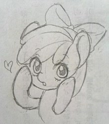 Size: 450x513 | Tagged: safe, artist:sugarcat_m, imported from derpibooru, apple bloom, earth pony, pony, adorabloom, blushing, cute, female, filly, heart, sketch, solo