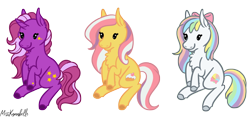 Size: 1852x867 | Tagged: safe, artist:misskanabelle, imported from derpibooru, oc, oc only, earth pony, pony, unicorn, bow, chest fluff, colored sketch, commission, ear fluff, earth pony oc, female, hair bow, horn, mare, multicolored hair, rainbow hair, signature, simple background, sitting, smiling, transparent background, unicorn oc, ych result
