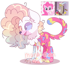 Size: 1266x1151 | Tagged: dead source, safe, artist:cherritoppu, artist:maiii-san, imported from derpibooru, pinkie pie, oc, draconequus, earth pony, pony, draconequus oc, female, grin, heterochromia, interspecies offspring, male, mare, offspring, parent:discord, parent:pinkie pie, parents:discopie, screencap reference, simple background, smiling, transparent background