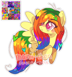 Size: 1196x1276 | Tagged: dead source, safe, artist:cherritoppu, artist:maiii-san, imported from derpibooru, oc, oc only, pegasus, pony, female, looking back, mare, multicolored hair, pegasus oc, rainbow hair, scrunchy face, simple background, solo, transparent background, wings