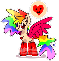 Size: 606x621 | Tagged: dead source, safe, artist:cherritoppu, artist:maiii-san, imported from derpibooru, oc, oc only, alicorn, pony, alicorn oc, clothes, ear fluff, female, heart, heterochromia, horn, jewelry, mare, multicolored hair, necklace, rainbow hair, simple background, smiling, socks, solo, transparent background, wings