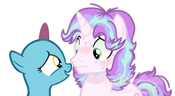 Size: 1164x637 | Tagged: dead source, safe, artist:cherritoppu, artist:maiii-san, imported from derpibooru, oc, oc only, oc:star struck, pony, unicorn, bald, base used, bust, duo, eyelashes, female, magical lesbian spawn, male, mare, nervous, offspring, parent:starlight glimmer, parent:trixie, parents:startrix, simple background, smiling, stallion, sweat, transparent background