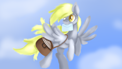 Size: 1600x900 | Tagged: safe, artist:jbond, imported from derpibooru, derpy hooves, pegasus, pony, female, flying, mail, mailbag, mailmare, mailpony, mare, mouth hold, solo