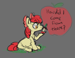 Size: 545x422 | Tagged: safe, artist:purple-blep, imported from derpibooru, apple bloom, earth pony, pony, apple, female, filly, food, solo, text