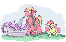 Size: 782x499 | Tagged: safe, artist:purple-blep, imported from derpibooru, apple bloom, big macintosh, oc, oc:scylla, dragon, earth pony, pony, female, filly, grass, hose, male, sponge, stallion, water