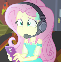 Size: 717x734 | Tagged: safe, imported from derpibooru, screencap, fluttershy, costume conundrum, equestria girls, equestria girls series, spoiler:eqg series (season 2), cellphone, cropped, headphones, headset, phone, solo