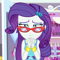 Size: 705x700 | Tagged: safe, imported from derpibooru, screencap, rarity, costume conundrum, equestria girls, equestria girls series, spoiler:eqg series (season 2), costume conundrum: rarity, cropped, glasses, rarity peplum dress, rarity's bedroom (equestria girls), solo