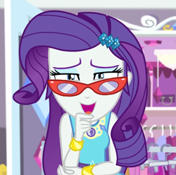 Size: 705x700 | Tagged: safe, imported from derpibooru, screencap, rarity, costume conundrum, equestria girls, equestria girls series, spoiler:eqg series (season 2), costume conundrum: rarity, cropped, glasses, rarity peplum dress, rarity's bedroom (equestria girls), solo