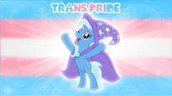 Size: 5360x3009 | Tagged: safe, artist:andoanimalia, imported from derpibooru, trixie, pony, unicorn, bipedal, brooch, cape, clothes, cute, diatrixes, female, hat, jewelry, looking at you, open mouth, pretty, pride, pride flag, solo, trans female, trans trixie, transgender, transgender pride flag, trixie's brooch, trixie's cape, trixie's hat, y pose