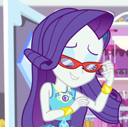 Size: 705x700 | Tagged: safe, imported from derpibooru, screencap, rarity, costume conundrum, equestria girls, equestria girls series, spoiler:eqg series (season 2), costume conundrum: rarity, cropped, glasses, rarity peplum dress, rarity's bedroom (equestria girls), solo