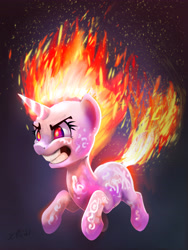 Size: 4010x5320 | Tagged: safe, artist:xbi, imported from derpibooru, twilight sparkle, pony, unicorn, feeling pinkie keen, absurd resolution, angery, angry, burning, female, fire, furious, glare, glowing horn, gradient background, horn, mane of fire, mare, rapidash twilight, red eyes, solo, tabun art-battle finished after, tail of fire, unicorn twilight