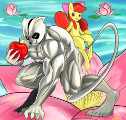 Size: 2800x2650 | Tagged: safe, artist:uguisunokoe1919, imported from derpibooru, apple bloom, earth pony, pony, animal, apple, female, filly, flower, food, high res, muscles, water