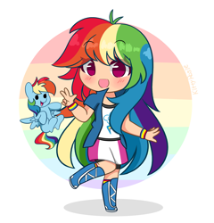 Size: 3617x3765 | Tagged: safe, artist:kittyrosie, imported from derpibooru, rainbow dash, human, pegasus, pony, blushing, boots, chibi, clothes, compression shorts, cute, dashabetes, female, high res, human ponidox, humanized, looking at you, miniskirt, moe, self paradox, self ponidox, shoes, shorts, skirt, smiling, socks, waving