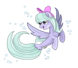 Size: 1331x1159 | Tagged: safe, artist:jessyxkisuxkata, imported from derpibooru, flitter, pegasus, pony, sea pony, seapony (g4), base used, bubble, dorsal fin, female, fin wings, flowing tail, gray eyes, open mouth, ribbon, seaponified, signature, simple background, smiling, solo, species swap, spread wings, tail, transparent background, wings