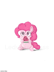 Size: 1536x2048 | Tagged: safe, artist:ledwine glass, imported from derpibooru, pinkie pie, earth pony, pony, belly button, chibi, chubby, cute, diapinkes, eating, female, food, herbivore, mare, simple background, solo, watermark, watermelon