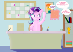 Size: 2500x1800 | Tagged: safe, artist:drakang, imported from derpibooru, starlight glimmer, sunburst, twilight sparkle, alicorn, pony, unicorn, comic, female, grammar error, solo, working