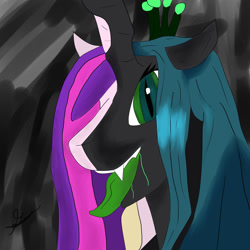 Size: 894x894 | Tagged: safe, artist:bioman1998, artist:karmazoid, imported from derpibooru, princess cadance, queen chrysalis, alicorn, changeling, changeling queen, pony, bride, bust, crown, dark background, disguise, disguised changeling, drool, duality, duo, duo female, ear down, edgy, excited, fake cadance, fangs, female, high res, horn, jewelry, long tongue, looking at you, maw, mawshot, one ear down, open mouth, regalia, salivating, simple background, smiling, smiling at you, teeth, tongue out, two sides