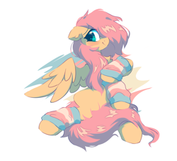 Size: 2200x2000 | Tagged: safe, artist:mirtash, imported from derpibooru, fluttershy, pegasus, pony, alternate hairstyle, arm warmers, blushing, chest fluff, clothes, fluffy, high res, messy mane, pride flag, pride month, pride socks, simple background, sitting, socks, transgender