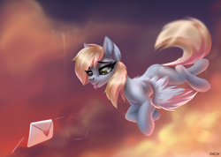 Size: 2958x2108 | Tagged: safe, artist:dacsy, imported from derpibooru, derpy hooves, ditzy doo, pegasus, pony, cloud, evening, eyebrows, eyebrows visible through hair, featured image, female, flying, heart, high res, letter, love letter, mare, sky, solo, tongue out, wings