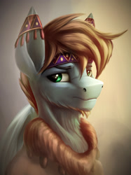 Size: 2020x2700 | Tagged: safe, artist:richmay, imported from derpibooru, oc, oc only, pegasus, pony, beard, bust, commission, facial hair, fluffy, high res, male, pegasus oc, portrait, solo, stallion, tribal, wings