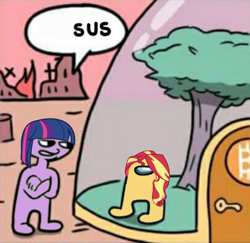 Size: 742x720 | Tagged: safe, edit, imported from derpibooru, sunset shimmer, twilight sparkle, amogus, among us, crewmate, meme, meta, pun, stealth pun, stonetoss, sus (among us)