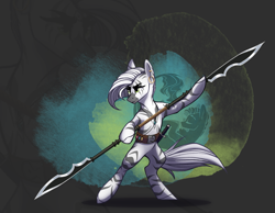 Size: 1977x1536 | Tagged: safe, artist:alrumoon_art, imported from derpibooru, oc, oc only, oc:satri, zebra, abstract background, belt, ear piercing, earring, jewelry, piercing, polearm, solo, sword, weapon, zebra oc