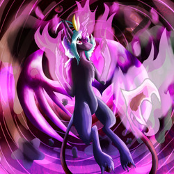 Size: 5800x5800 | Tagged: safe, artist:florarena-kitasatina/dragonborne fox, imported from derpibooru, oc, demon, pony, a bajillion light sources, absurd resolution, all the pink, artificial wings, augmented, cel shading, chaos, cloven hooves, crooked horn, fire, here we go again, horn, how even, magic, magic wings, magical devil, mio (100% orange juice), ponified, reality is out to lunch, shading, signature, unshorn fetlocks, vortex, watermark, why, wings