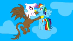 Size: 3264x1836 | Tagged: safe, artist:the double u, imported from derpibooru, gilda, rainbow dash, griffon, pegasus, cloud, fanfic art, female, gildash, griffon x pony, holding each other, interspecies, lesbian, lgbtq, looking at each other, shipping, sky