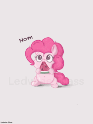 Size: 1536x2048 | Tagged: safe, artist:ledwine glass, imported from derpibooru, pinkie pie, earth pony, pony, animated, belly button, chibi, chubby, chubby cheeks, eating, female, food, gif, herbivore, nom, simple background, solo, watermark, watermelon