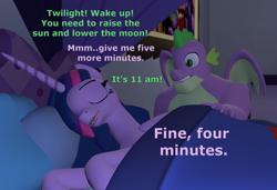 Size: 1580x1080 | Tagged: safe, artist:red4567, imported from derpibooru, spike, twilight sparkle, alicorn, dragon, pony, princess spike (episode), the last problem, 3d, atg 2021, bed, dialogue, eyes closed, female, gigachad spike, lazy, male, mare, newbie artist training grounds, older, older spike, older twilight, open mouth, princess twilight 2.0, sleeping, source filmmaker, twilight sparkle (alicorn), winged spike, wings
