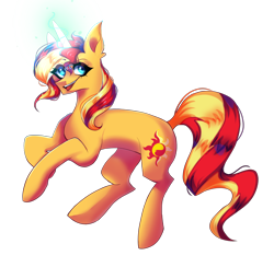 Size: 1974x1924 | Tagged: safe, artist:neonbugzz, imported from derpibooru, sunset shimmer, pony, unicorn, equestria girls, equestria girls ponified, fanart, female, glowing horn, horn, magic, mare, my little pony, ponified, simple background, smiling, solo, transparent background