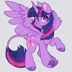 Size: 700x700 | Tagged: safe, artist:miishwoom, imported from derpibooru, twilight sparkle, alicorn, pony, colored hooves, cute, female, gray background, leonine tail, looking at you, mare, simple background, solo, spread wings, tail fluff, twiabetes, twilight sparkle (alicorn), underhoof, wings