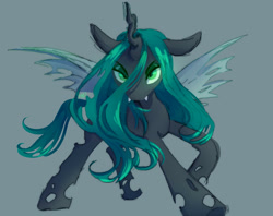 Size: 3000x2381 | Tagged: safe, artist:alphabetnoot, imported from derpibooru, queen chrysalis, changeling, changeling queen, fangs, female, gray background, high res, looking at you, simple background, solo